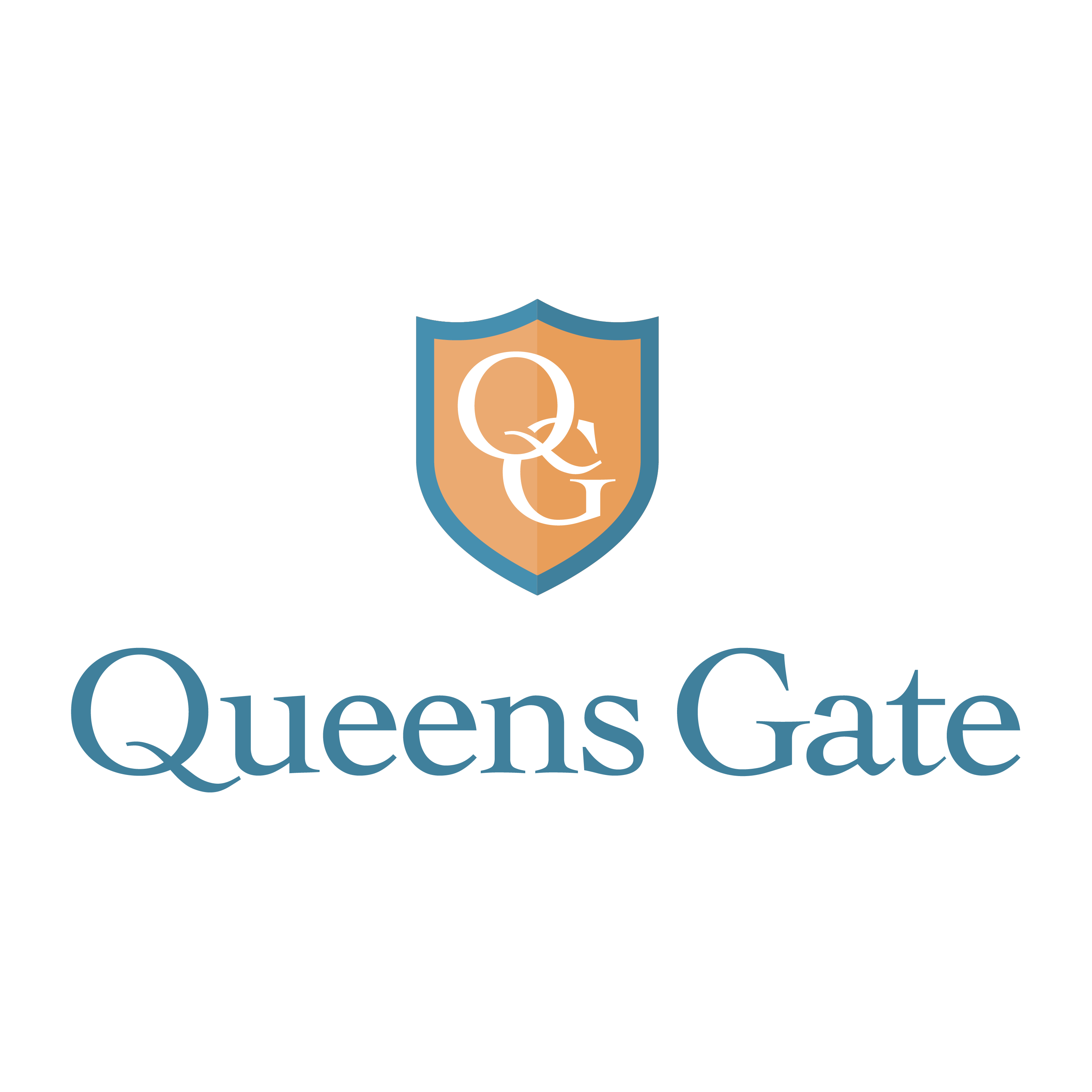 A logo with a shield and a letter Q on it.